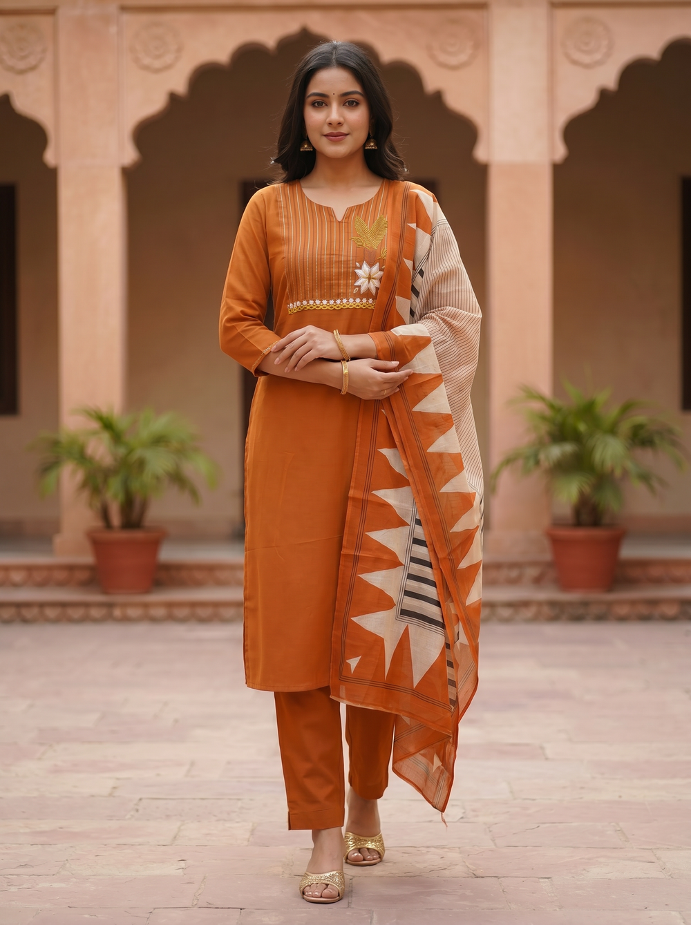 ISTOCAN Women's Rust Orange Cotton Embroidered Kurta Pant Dupatta Set | Soft Breathable Fabric | Elegant Ethnic Wear