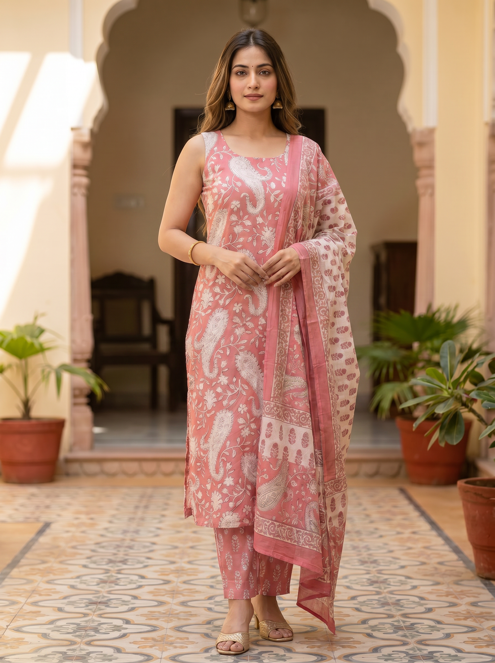 ISTOCAN Paisley Print Cotton Sleeveless Kurta Set with Dupatta | Block Print Design |Stylish Indian Summer Outfit with Pant & Dupatta