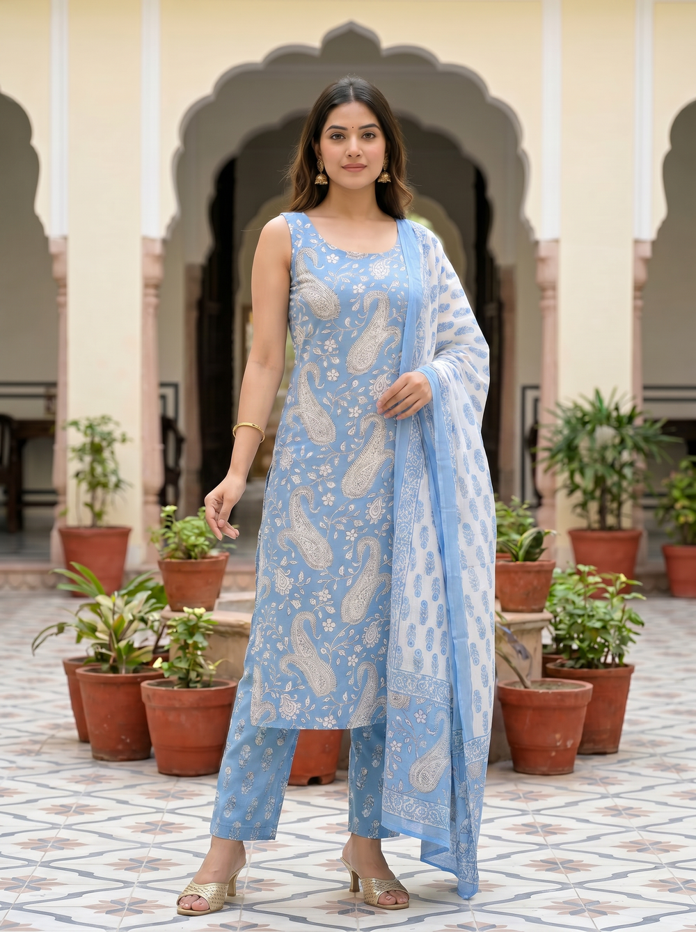 ISTOCAN Paisley Print Cotton Sleeveless Kurta Set with Dupatta | Block Print Design |Stylish Indian Summer Outfit with Pant & Dupatta