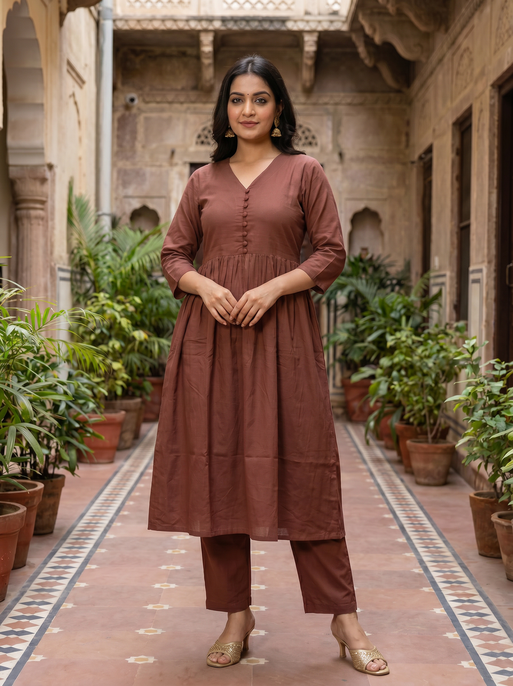 ISTOCAN Anarkali Kurta Pant Set for Women Long Flared V-Neck Kurta | Office & Casual Wear | 3/4 Sleeve | Button Front