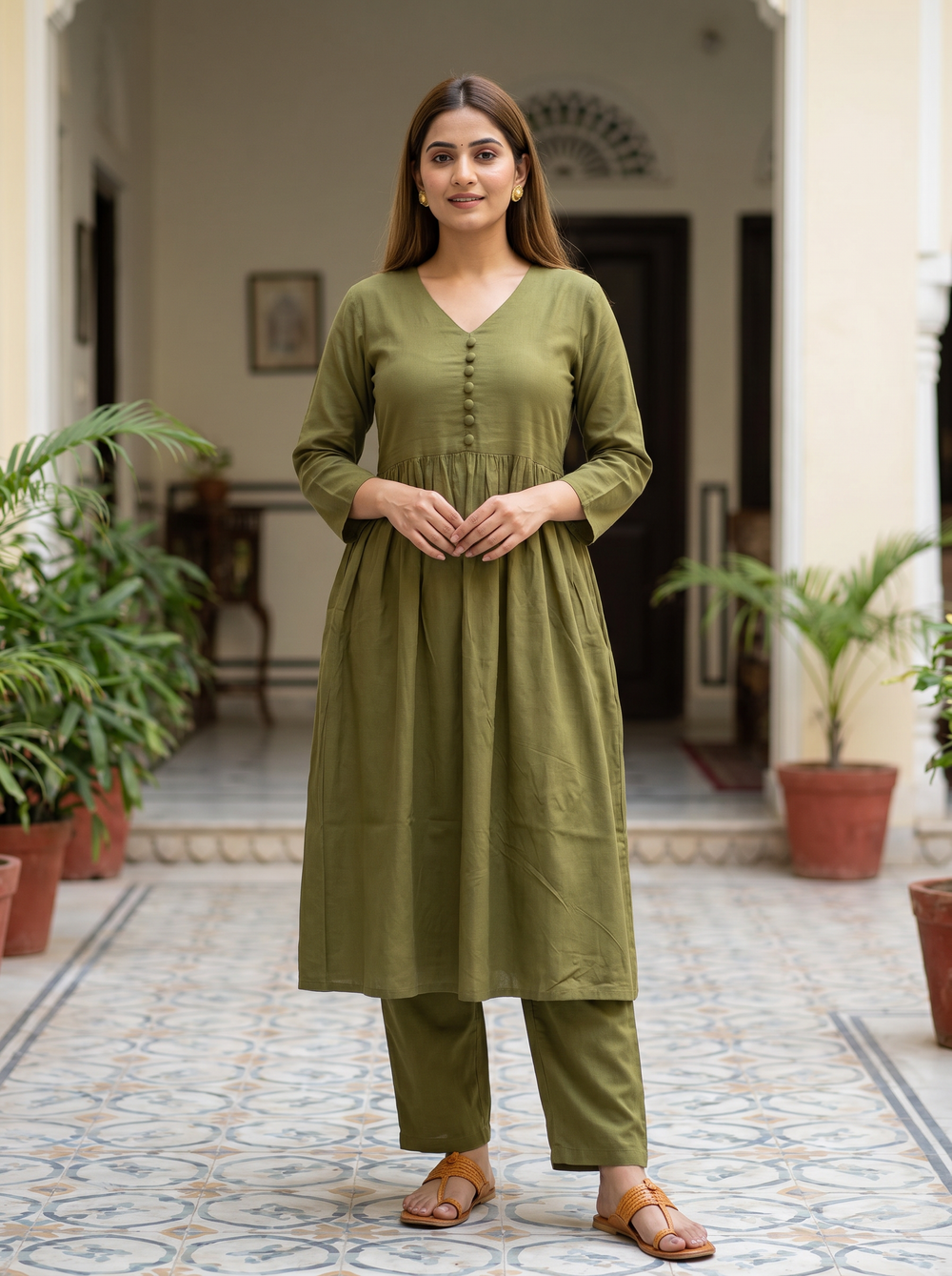 ISTOCAN Anarkali Kurta Pant Set for Women Long Flared V-Neck Kurta | Office & Casual Wear | 3/4 Sleeve | Button Front