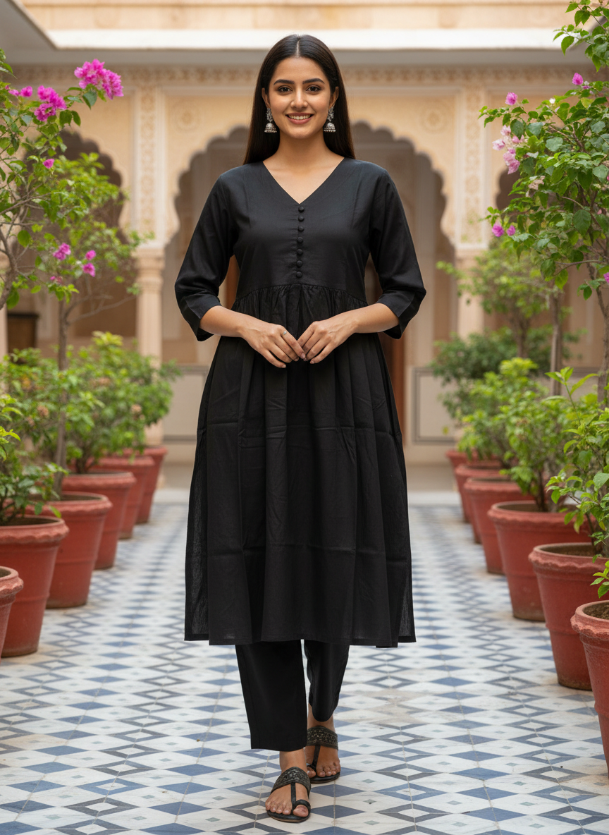 ISTOCAN Anarkali Kurta Pant Set for Women Long Flared V-Neck Kurta | Office & Casual Wear | 3/4 Sleeve | Button Front