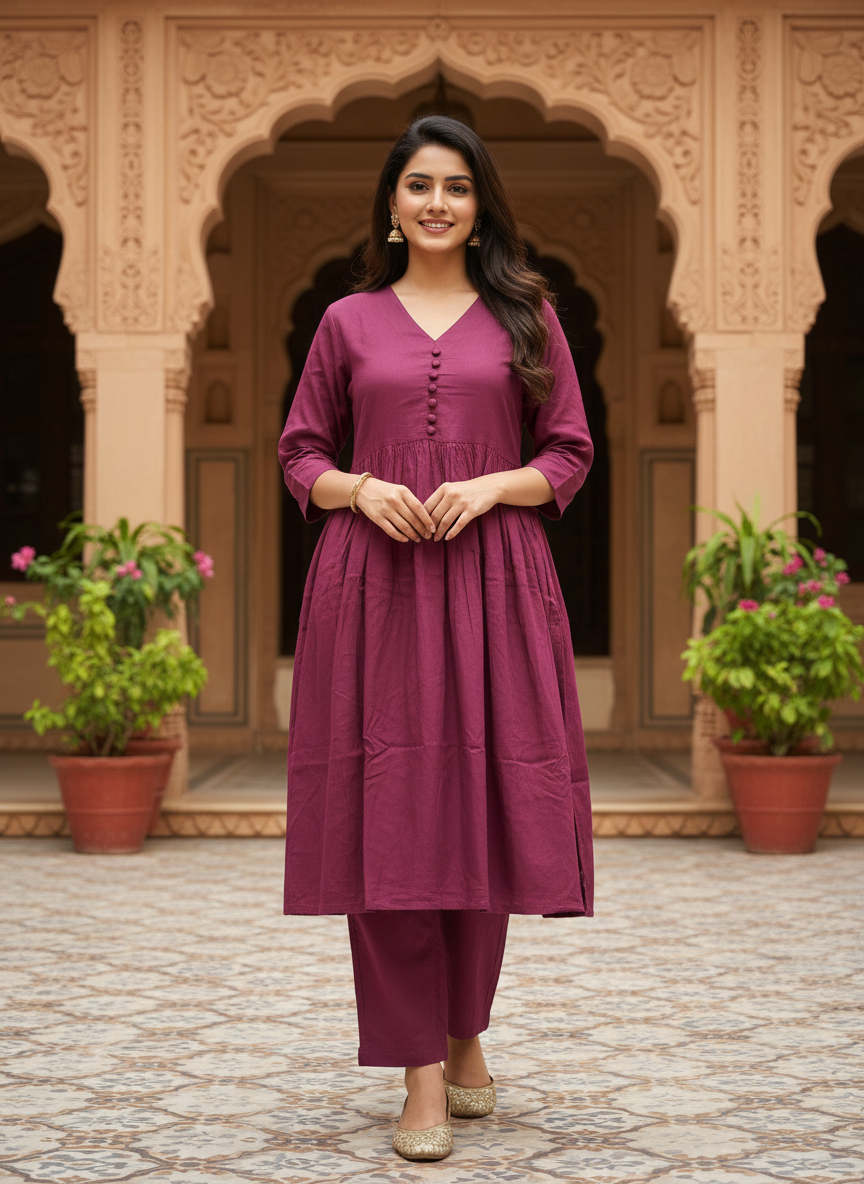 ISTOCAN Anarkali Kurta Pant Set for Women Long Flared V-Neck Kurta | Office & Casual Wear | 3/4 Sleeve | Button Front