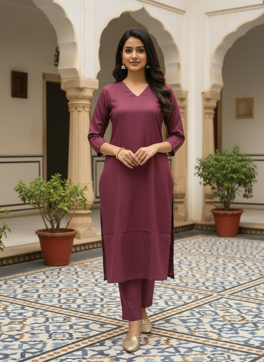 ISTOCAN Solid Rayon Plain V Neck Kurta Pant Set for Women and Girls