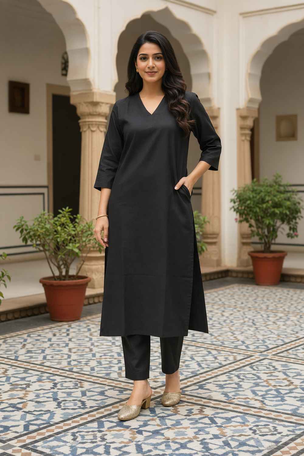 ISTOCAN Solid Rayon Plain V Neck Kurta Pant Set for Women and Girls