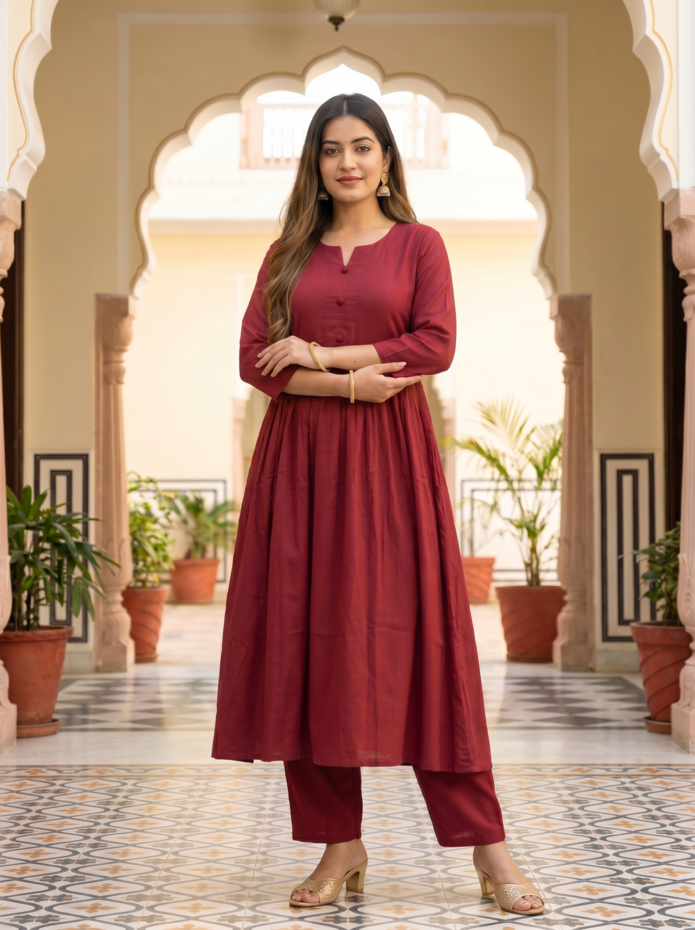 ISTOCAN Anarkali Kurta Pant Set for Women Long Flared V-Neck Kurta | Office & Casual Wear | 3/4 Sleeve | Button Front