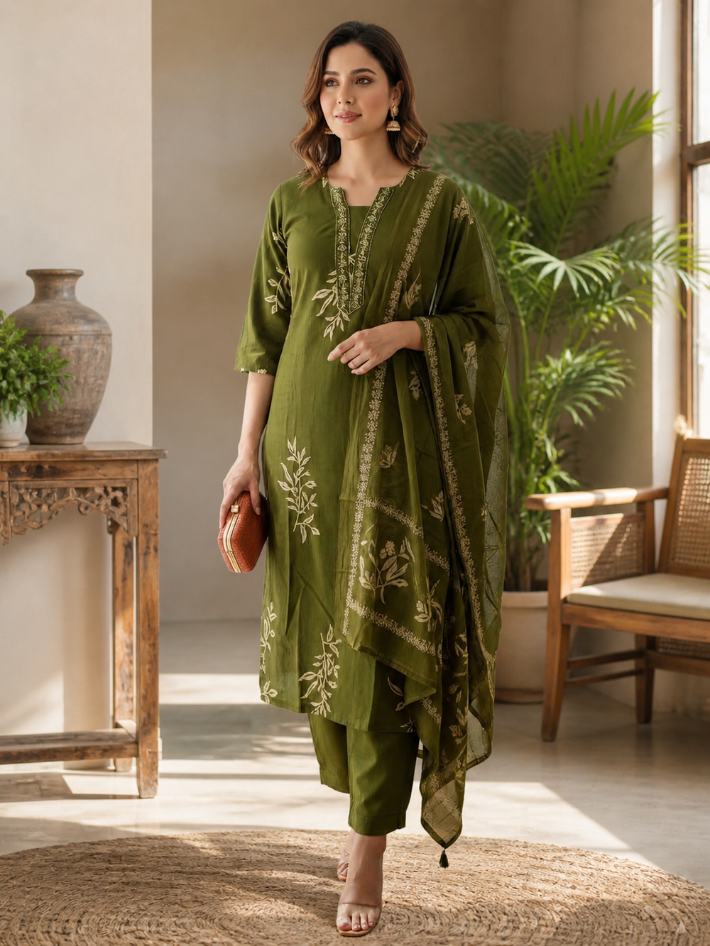 ISTOCAN Women's Olive Dark Green Cotton Printed Kurta Pant Dupatta Set | Soft Breathable Fabric | Elegant Ethnic Wear