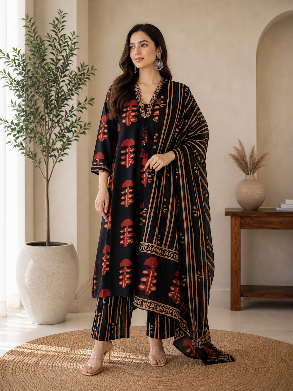 ISTOCAN Women's Black Cotton Printed Kurta Pant Dupatta Set | Soft Breathable Fabric | Elegant Ethnic Wear