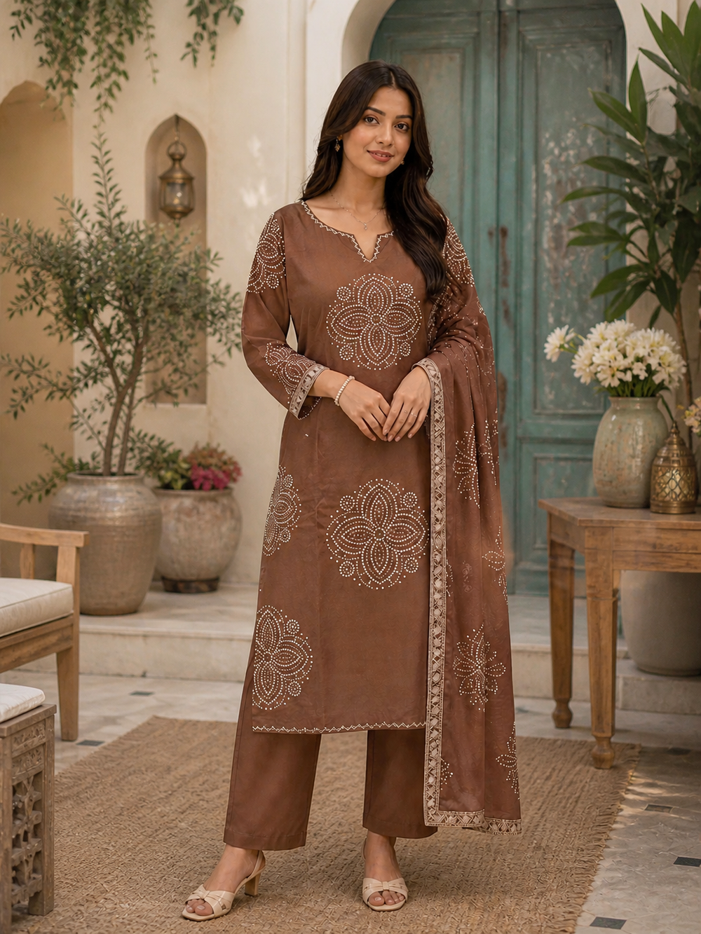 ISTOCAN Brown Cotton Printed Kurta Pant Dupatta Set for Women | Premium Ethnic Wear | Straight Kurta with Matching Pants & Dupatta