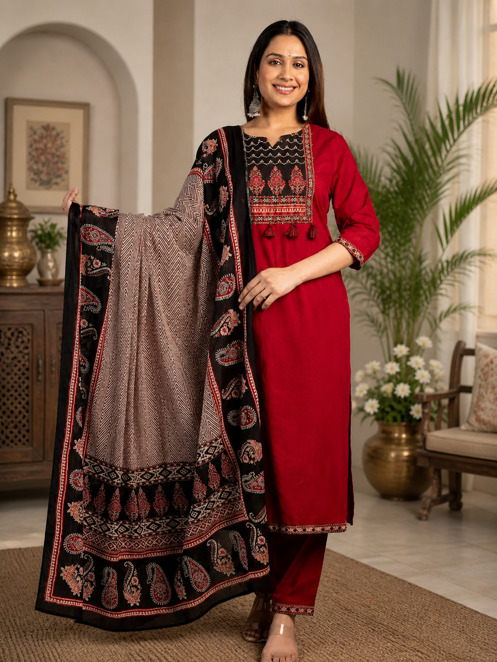ISTOCAN Women's Maroon Cotton Blend Embroidered Kurta Pant Dupatta Set | Elegant Ethnic Suit for Festive & Daily Wear