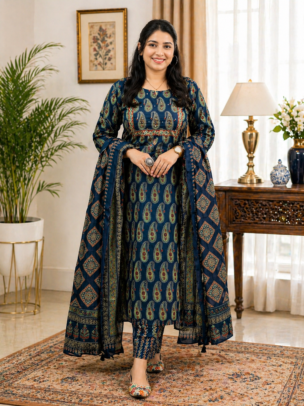 ISTOCAN Women's Navy Blue Cotton Printed Kurta Pant Dupatta Set | Soft Breathable Fabric | Elegant Ethnic Wear