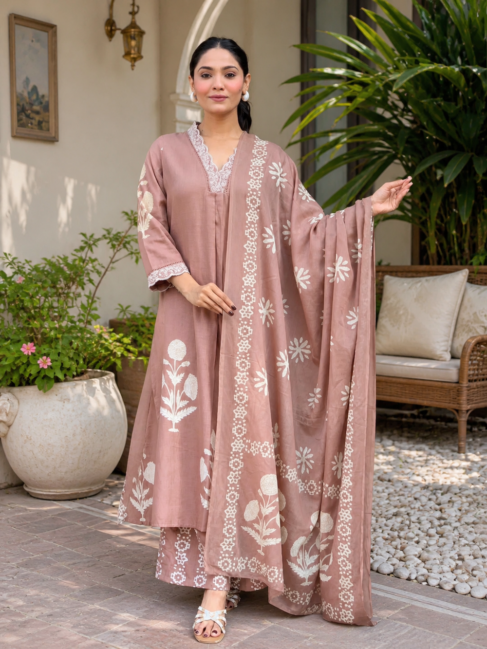 ISTOCAN Women's Dusty Rose Cotton Printed Kurta Pant Dupatta Set | Soft Breathable Fabric | Elegant Ethnic Wear