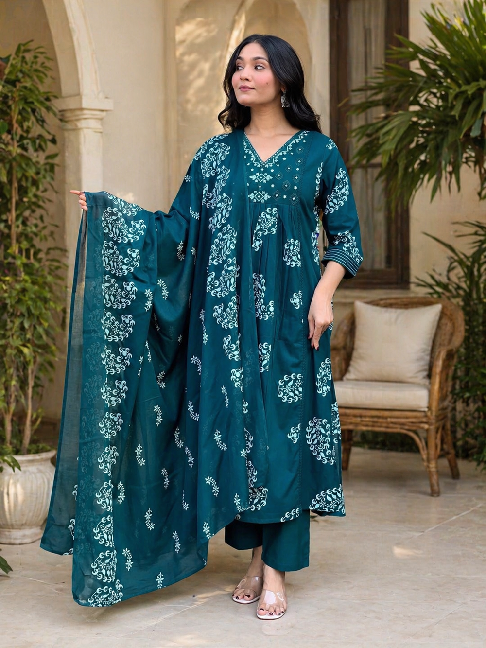ISTOCAN Women's Teal Blue Cotton Printed Kurta Pant Dupatta Set | Soft Breathable Fabric | Elegant Ethnic Wear