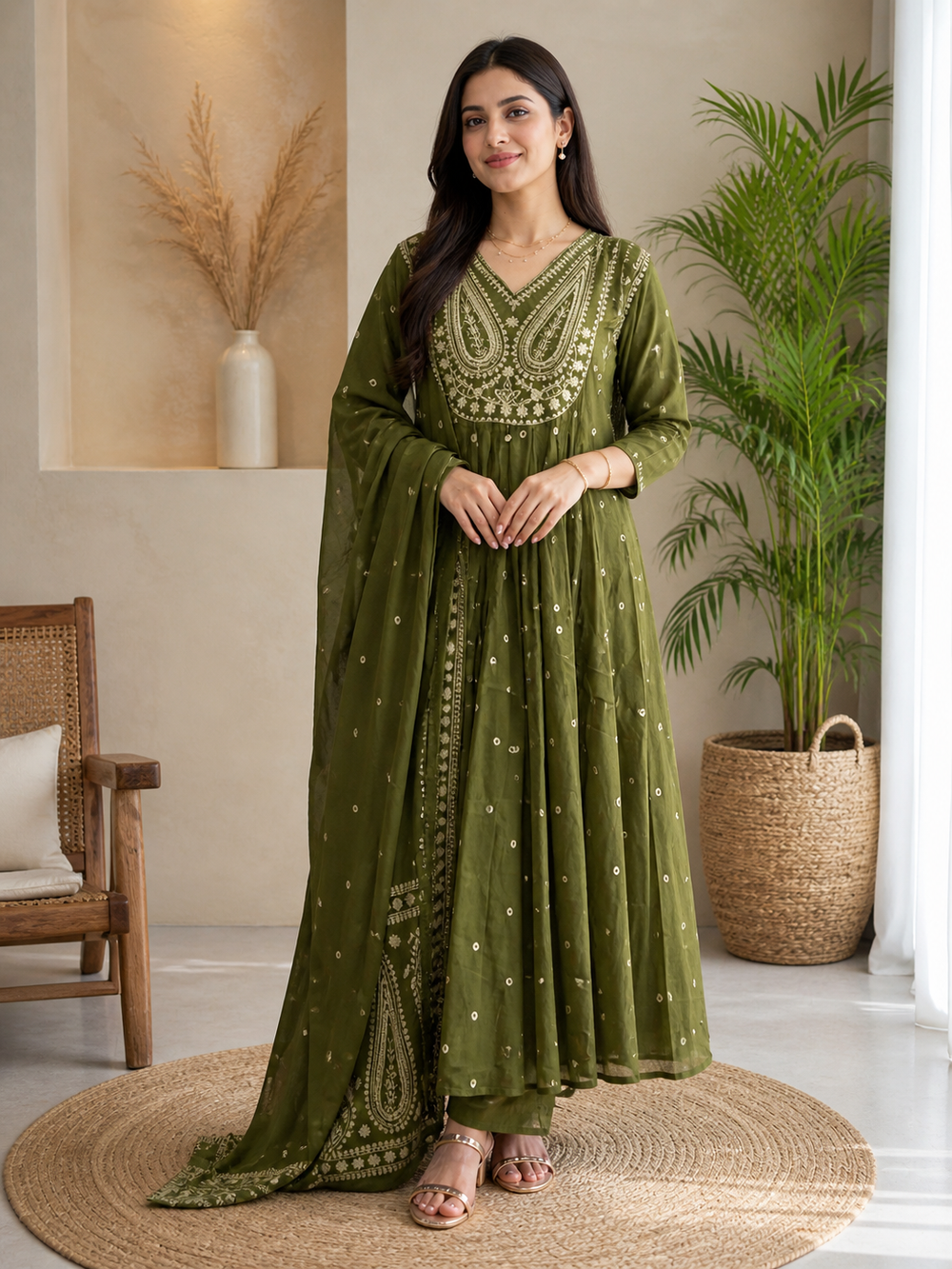 ISTOCAN Women's Olive Green Cotton Embroidered Kurta Pant Dupatta Set | Soft Breathable Fabric | Elegant Ethnic Wear