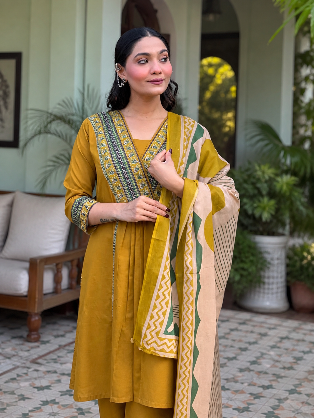 ISTOCAN Women's Mustard Yellow Cotton Printed Kurta Pant Dupatta Set | Soft Breathable Fabric | Elegant Ethnic Wear