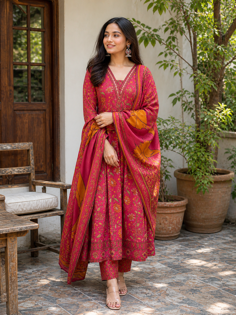 ISTOCAN Women's Rani Pink Cotton Floral Printed Kurta Pant Dupatta Set | Traditional Ethnic Suit