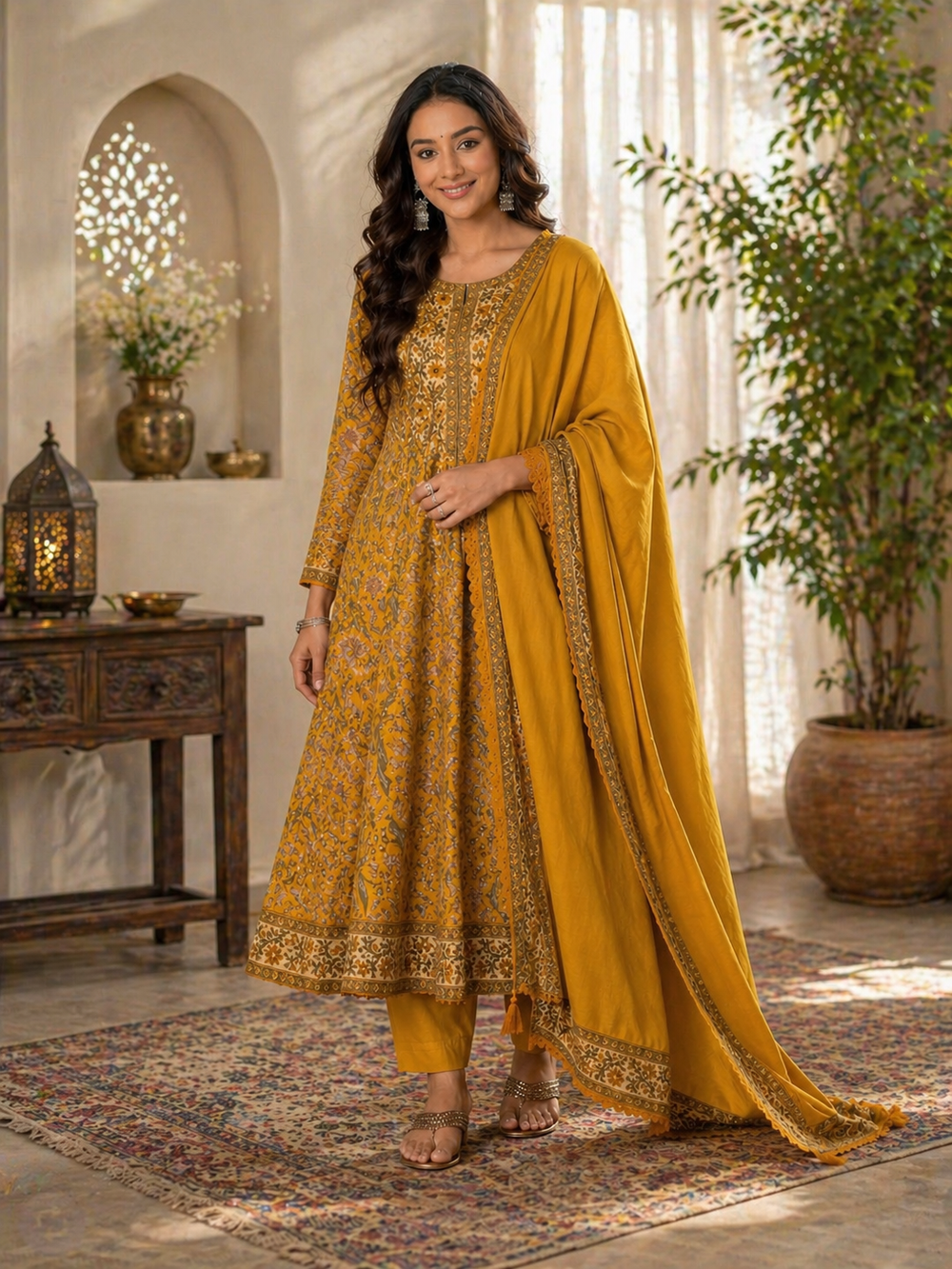 ISTOCAN Women's Mustard Yellow Cotton Printed Anarkali Kurta Pant Dupatta Set | Soft Breathable Fabric | Festive Ethnic Wear