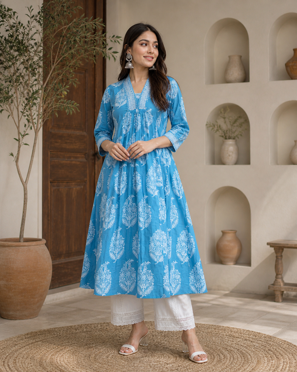 ISTOCAN Women's Sky Blue Cotton Printed Kurta Palazzo Set | Soft Breathable Fabric | Elegant Ethnic Wear
