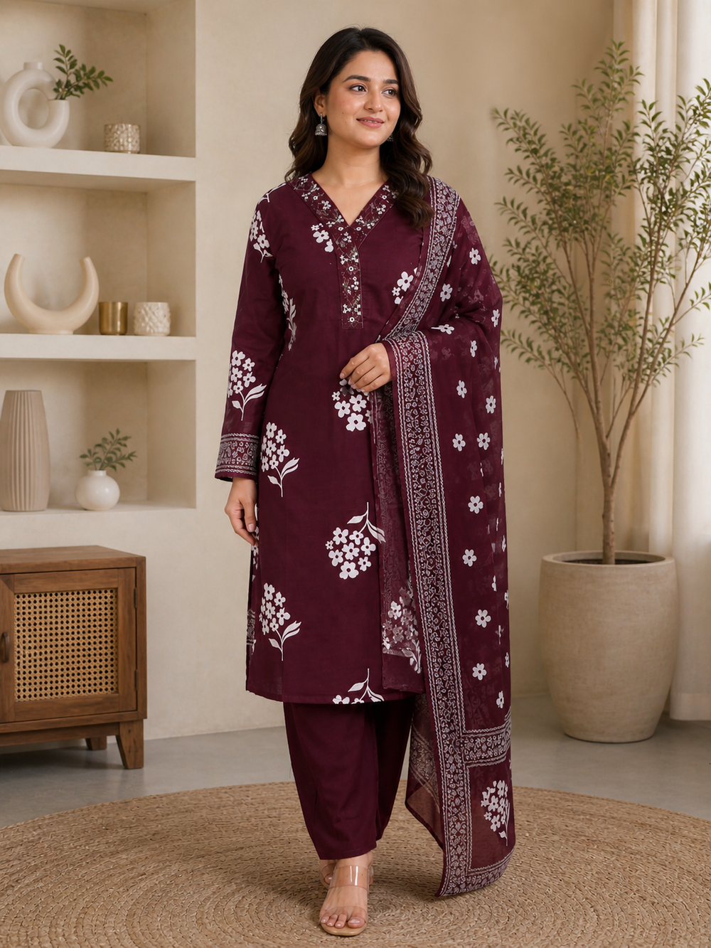 ISTOCAN Women's Wine Cotton Printed Kurta Pant Dupatta Set | Soft Breathable Fabric | Elegant Ethnic Wear
