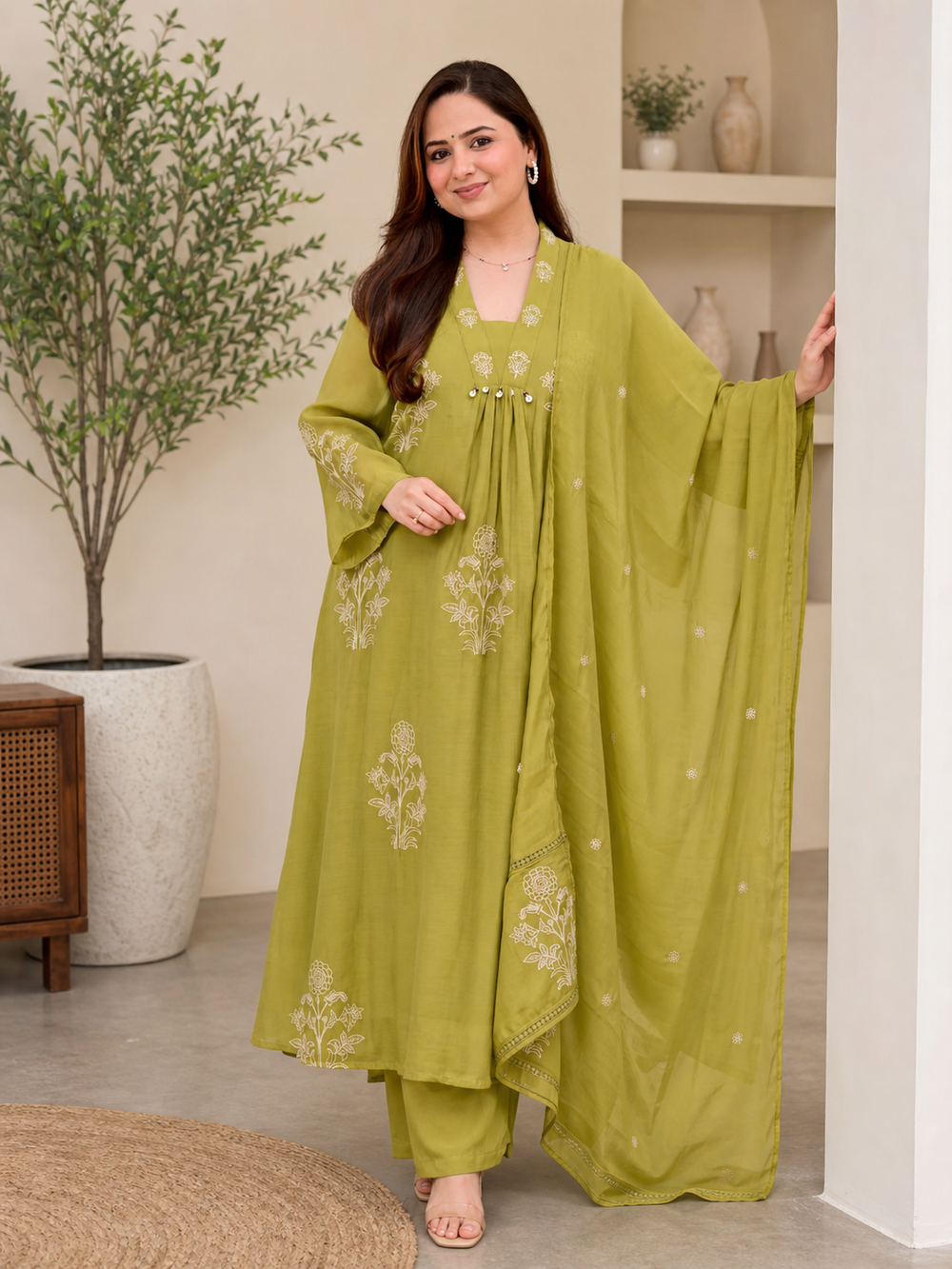 ISTOCAN Women's Floral Printed Cotton Kurta Pant Dupatta Set | Olive Green